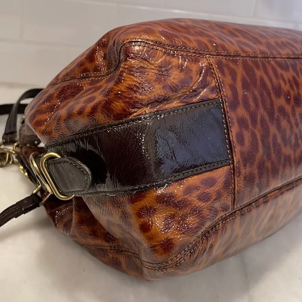 Coach Purse Handbag Leather Maggie Mia Ocelot Gloss Patent Hobo Shoulder Bag